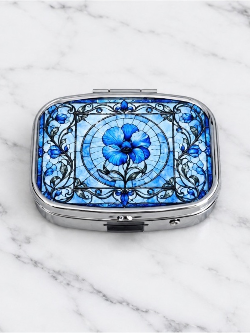 Stained Glass Design Purse Pill Box/Travel Jewelry-Compact With Lidded Mirror